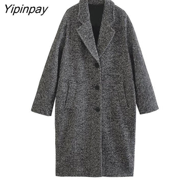 Yipinpay 2023 Gray Women Winter Classic Woolen Overcoat Warm Long Sleeved Single Breasted Coat Ladies Fashion Notched Streetwear